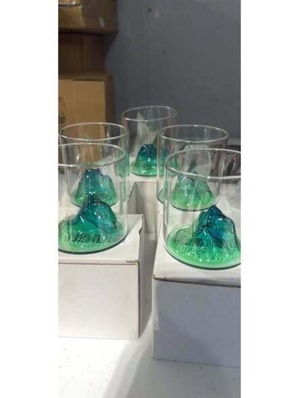 Clear Glass Cups with Green Blue Mountain Design